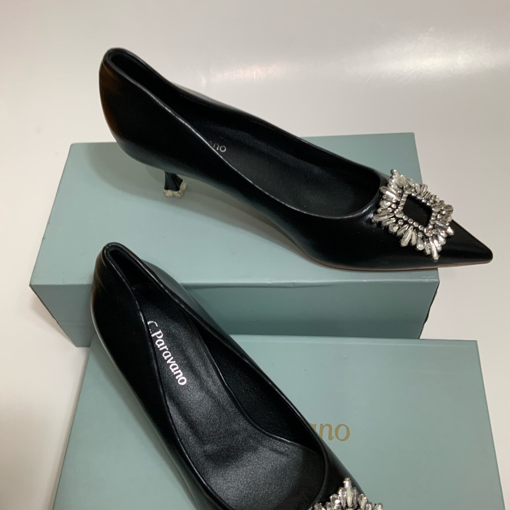 C.PARAVANO Black Crystal Buckle Pumps Size 6.5 US / 37 EU Kitten Heels Elegant - Picture 4 of 10